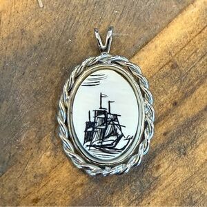 Vintage Scrimshaw Style Sailing Ship Nautical Pendant Silver Tone